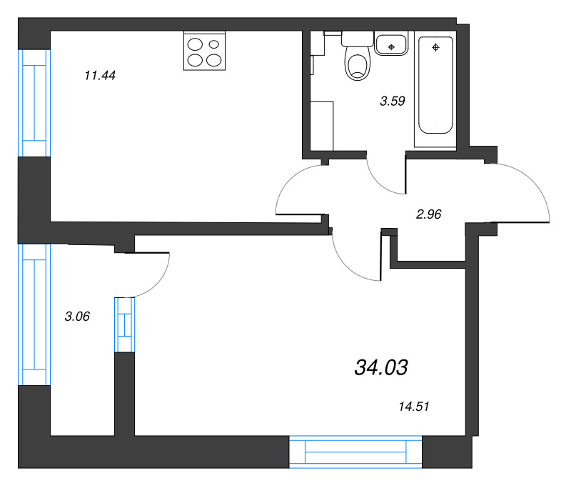 1-комнатная квартира, 34.03 м² - планировка, фото №1