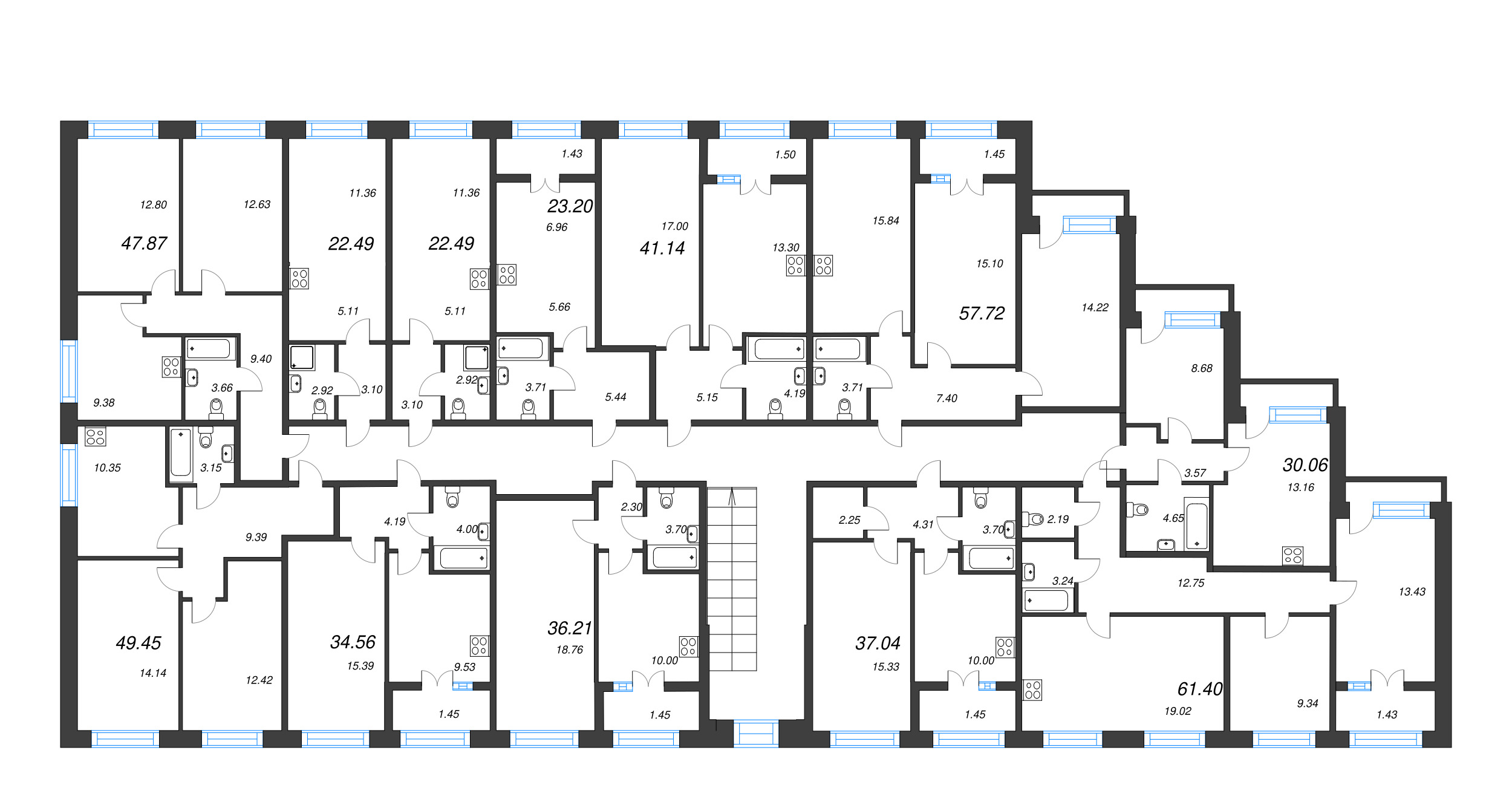 3-комнатная (Евро) квартира, 61.4 м² в ЖК "Капральский берег" - планировка этажа