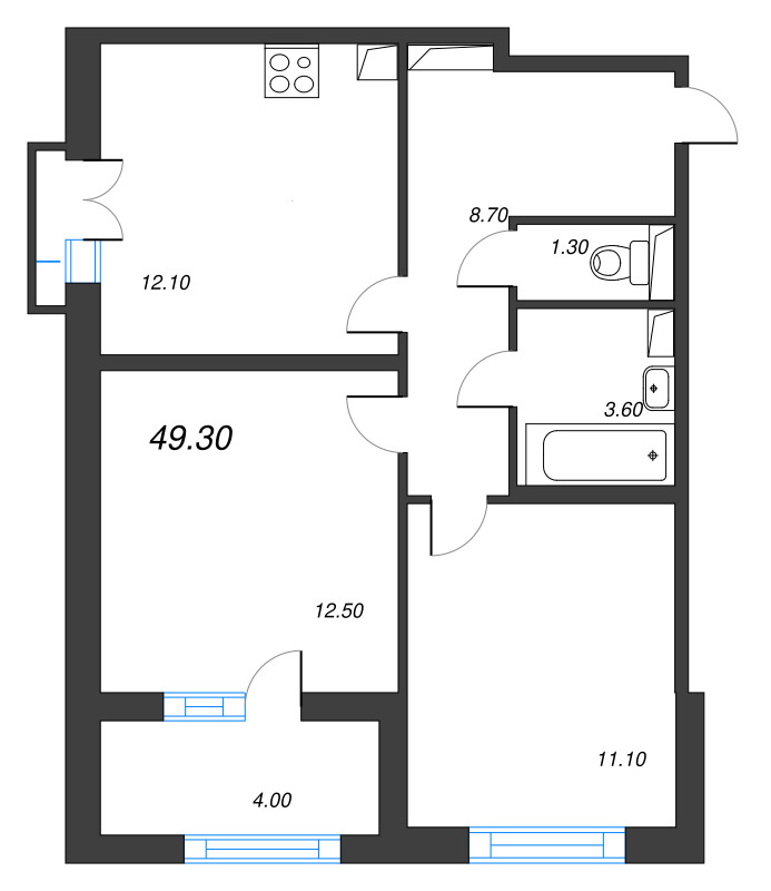 2-комнатная квартира, 49.3 м² - планировка, фото №1