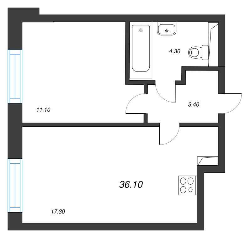 2-комнатная (Евро) квартира, 36.1 м² в ЖК "Большая Охта" - планировка, фото №1