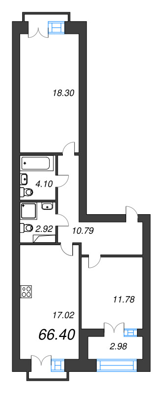 3-комнатная (Евро) квартира, 66.4 м² в ЖК "Наука" - планировка, фото №1