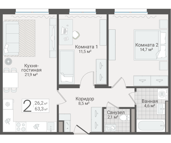 3-комнатная (Евро) квартира, 63.3 м² в ЖК "Руднева 15" - планировка, фото №1