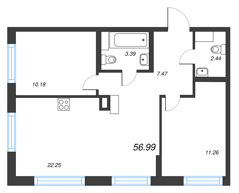 3-комнатная (Евро) квартира, 56.99 м² в ЖК "ID Murino III" - планировка, фото №1
