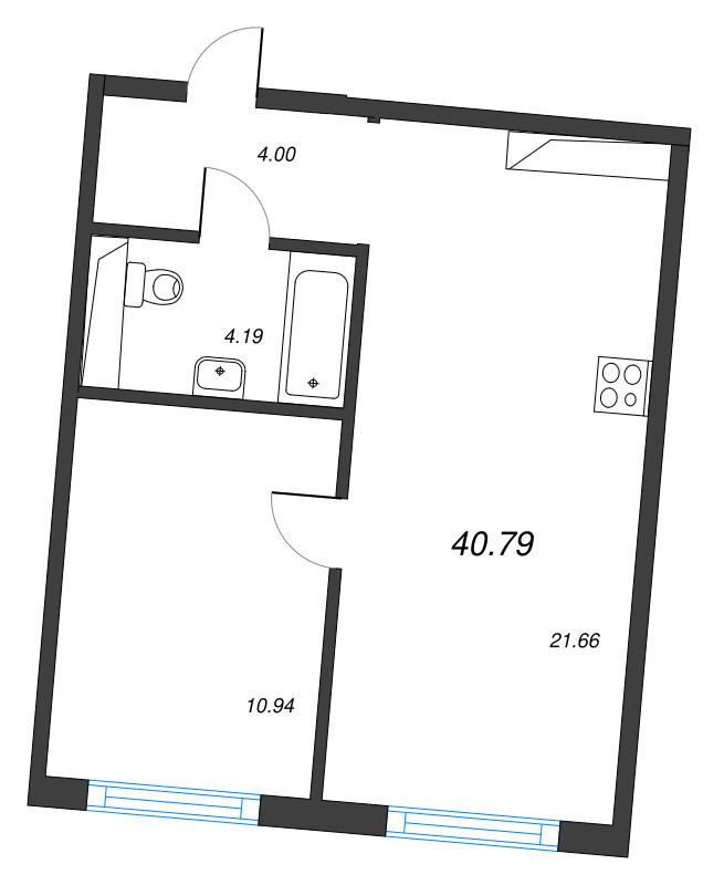 2-комнатная (Евро) квартира, 40.79 м² в ЖК "Legenda Васильевского" - планировка, фото №1