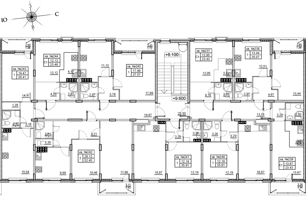 2-комнатная (Евро) квартира, 38.5 м² - планировка этажа
