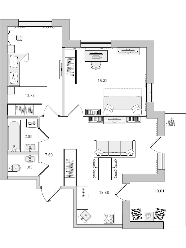 3-комнатная (Евро) квартира, 70.3 м² в ЖК "Город Первых" - планировка, фото №1