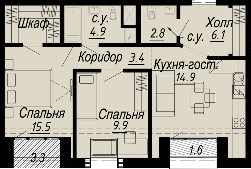 3-комнатная (Евро) квартира, 58 м² - планировка, фото №1