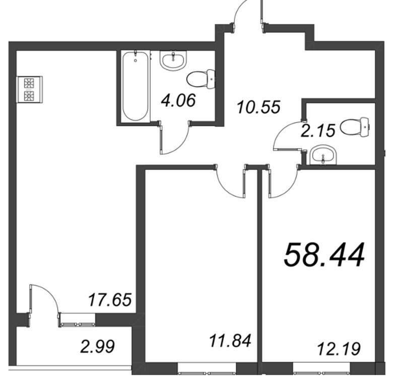 3-комнатная (Евро) квартира, 58.44 м² - планировка, фото №1