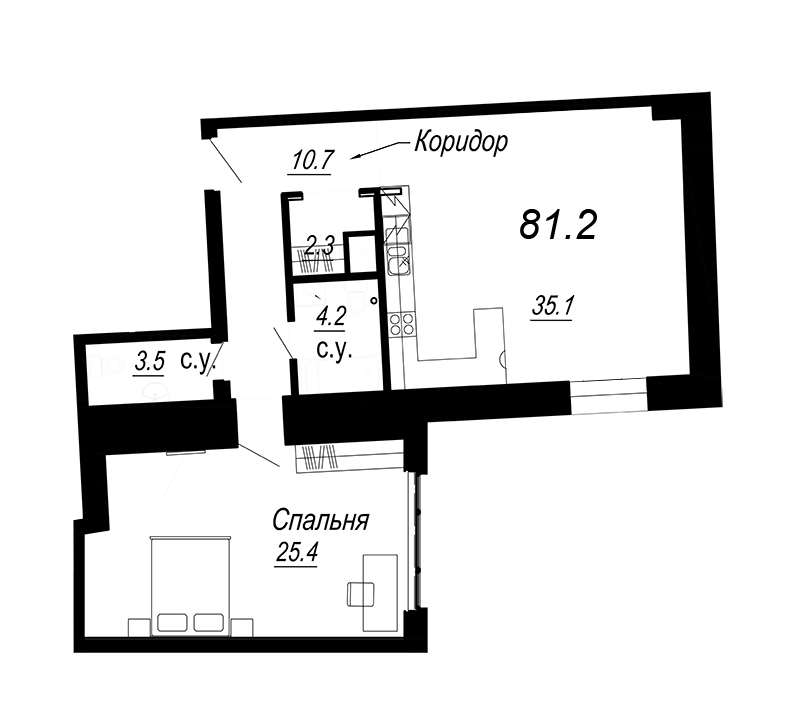1-комнатная квартира, 81.6 м² - планировка, фото №1