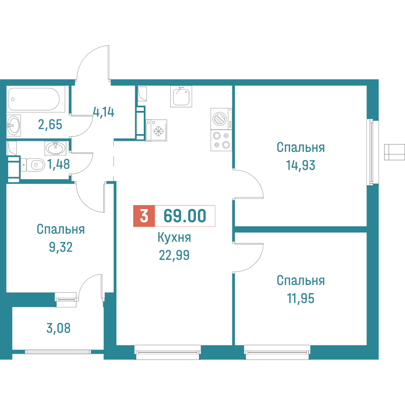 4-комнатная (Евро) квартира, 69 м² - планировка, фото №1