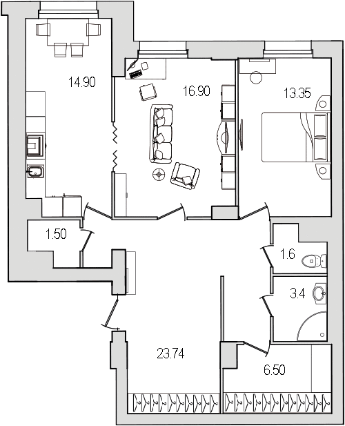 2-комнатная квартира, 82.7 м² - планировка, фото №1