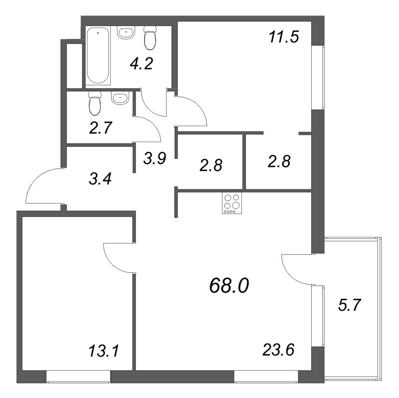 3-комнатная (Евро) квартира, 68.7 м² в ЖК "Передвижники" - планировка, фото №1