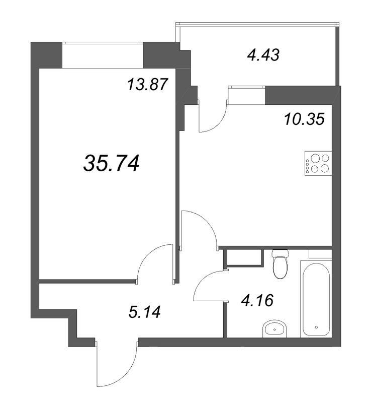 1-комнатная квартира, 35.74 м² в ЖК "Аквилон RekaPark" - планировка, фото №1