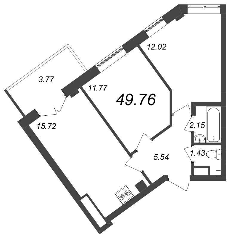 3-комнатная (Евро) квартира, 49.76 м² - планировка, фото №1