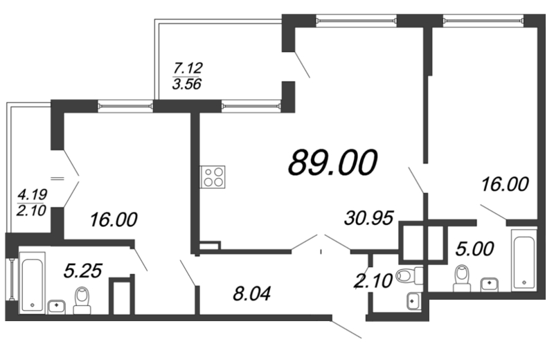 3-комнатная (Евро) квартира, 88.3 м² - планировка, фото №1