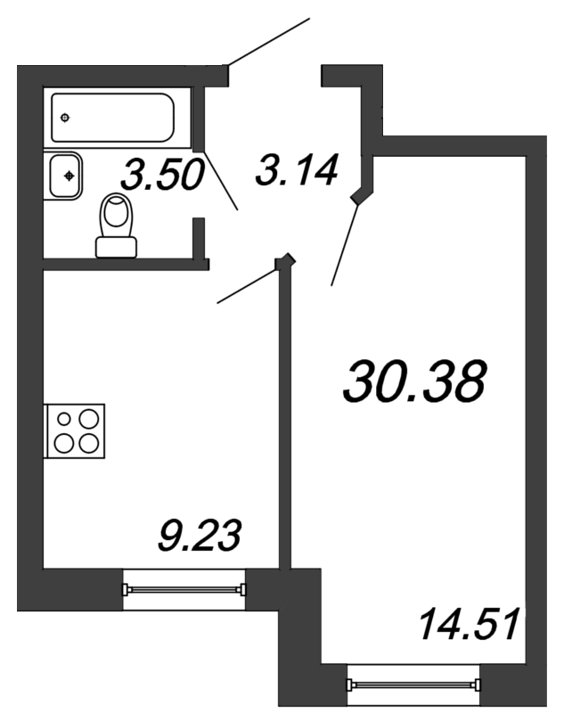 1-комнатная квартира, 30.38 м² - планировка, фото №1