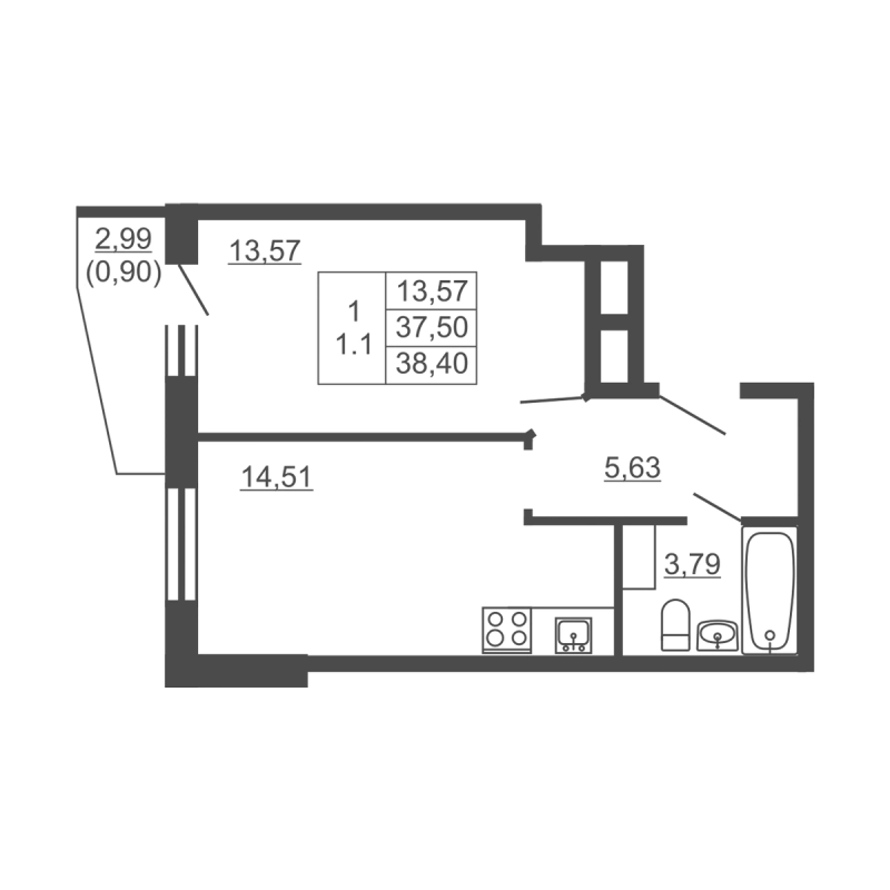 1-комнатная квартира, 38.4 м² в ЖК "Тандем" - планировка, фото №1