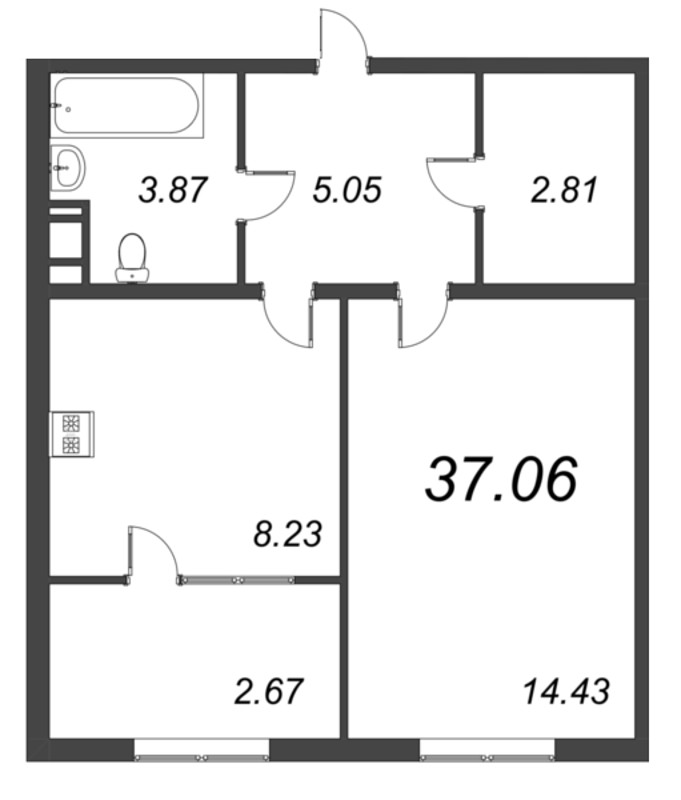 1-комнатная квартира, 40.49 м² - планировка, фото №1