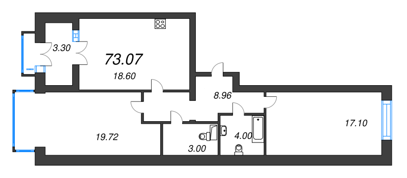 3-комнатная (Евро) квартира, 78.7 м² в ЖК "Наука" - планировка, фото №1