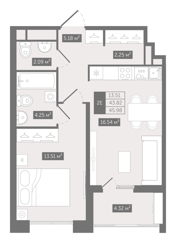2-комнатная (Евро) квартира, 45.98 м² в ЖК "N8" - планировка, фото №1
