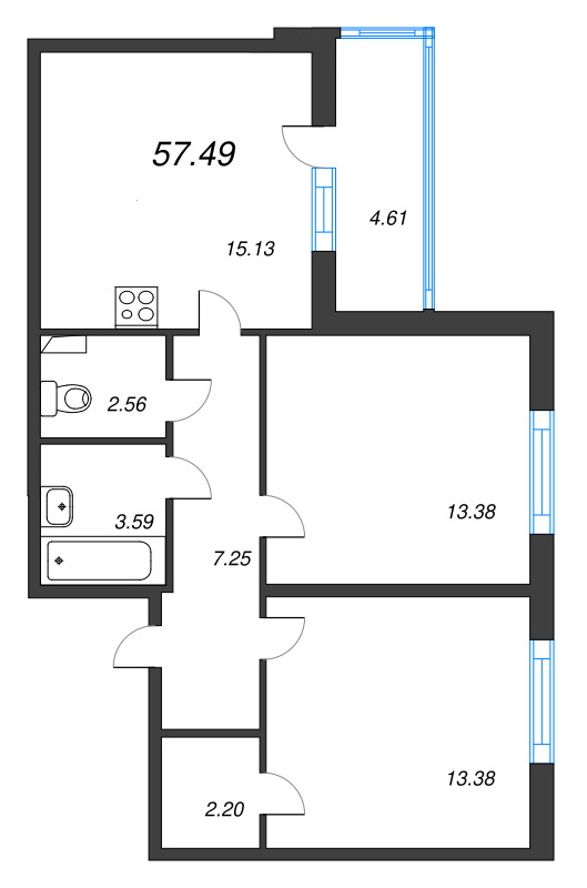 3-комнатная (Евро) квартира, 57.49 м² в ЖК "Любоград" - планировка, фото №1