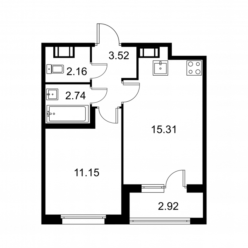 2-комнатная (Евро) квартира, 36.34 м² - планировка, фото №1
