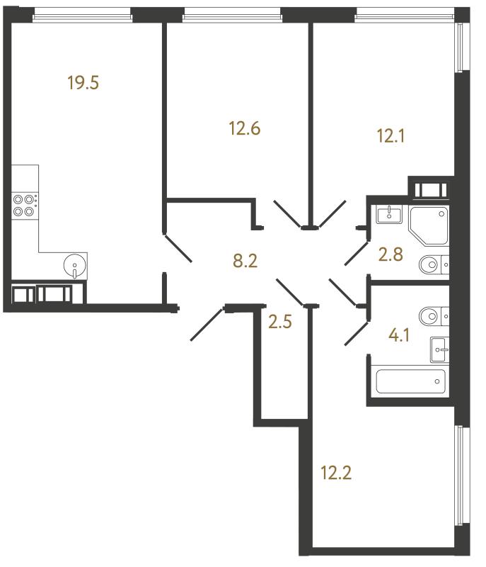 4-комнатная (Евро) квартира, 74 м² в ЖК "Гений" - планировка, фото №1