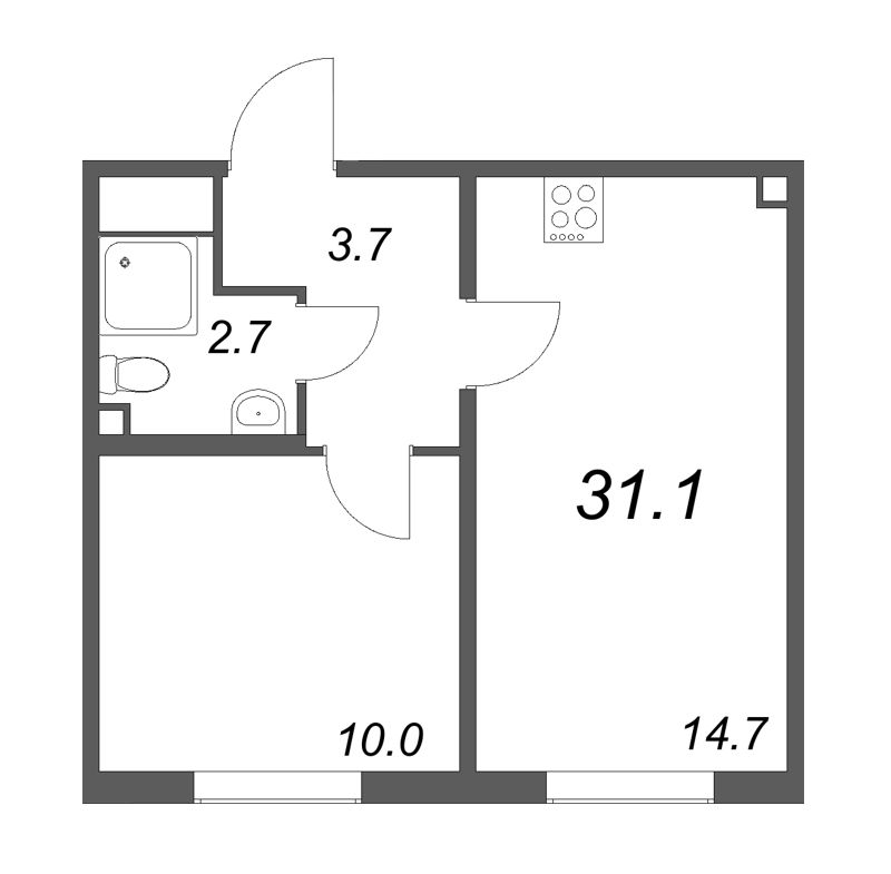 1-комнатная квартира, 31.1 м² - планировка, фото №1