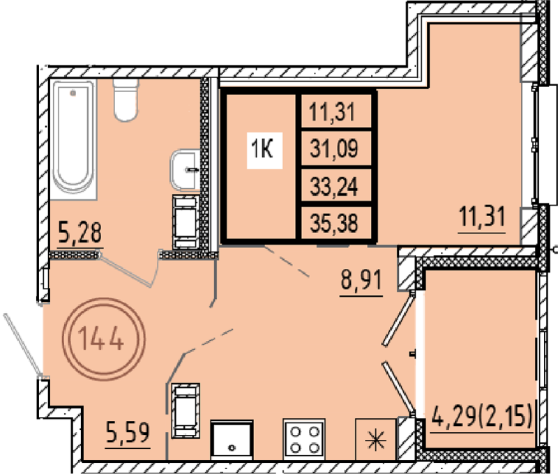 1-комнатная квартира, 31.09 м² в ЖК "Образцовый квартал 9.1" - планировка, фото №1