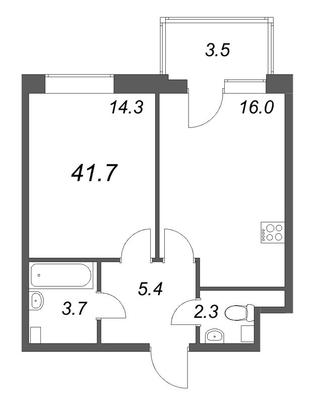 2-комнатная (Евро) квартира, 41.7 м² в ЖК "М36" - планировка, фото №1