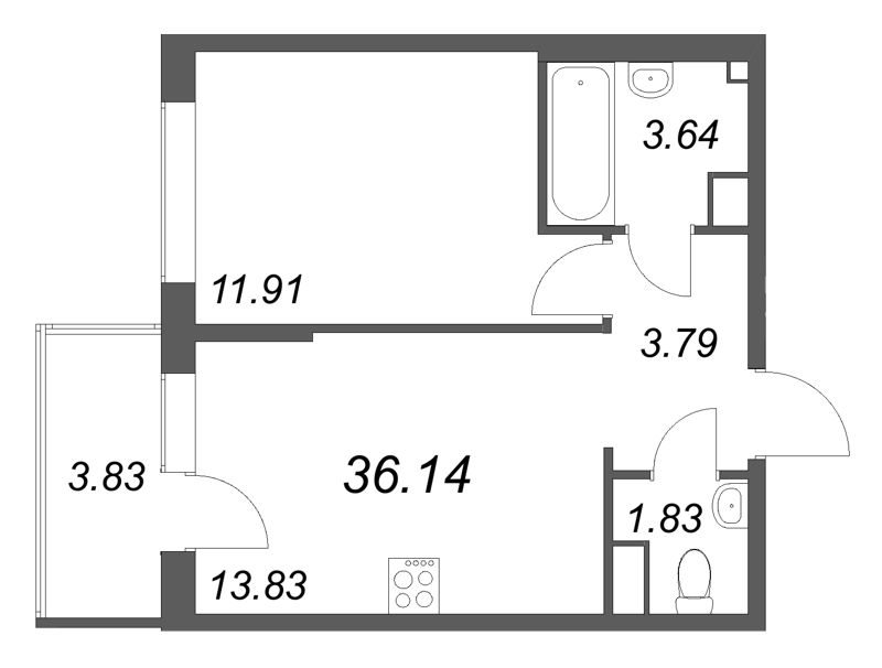 1-комнатная квартира, 36.14 м² в ЖК "Охтинские высоты" - планировка, фото №1