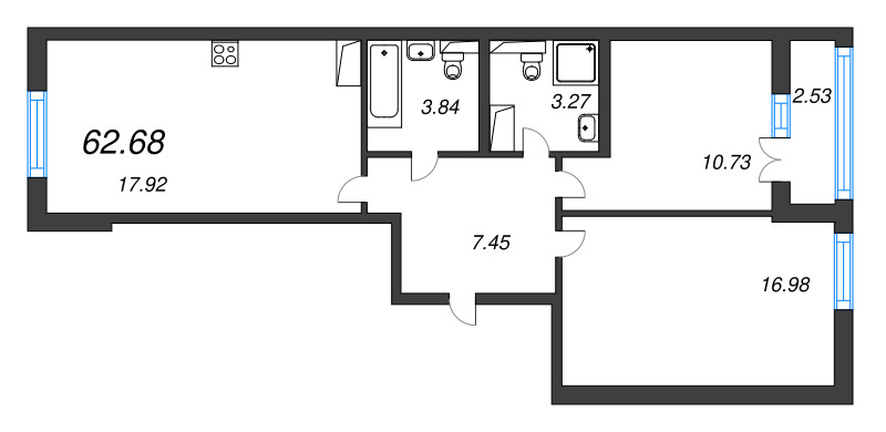 3-комнатная (Евро) квартира, 62.72 м² в ЖК "Цивилизация на неве" - планировка, фото №1