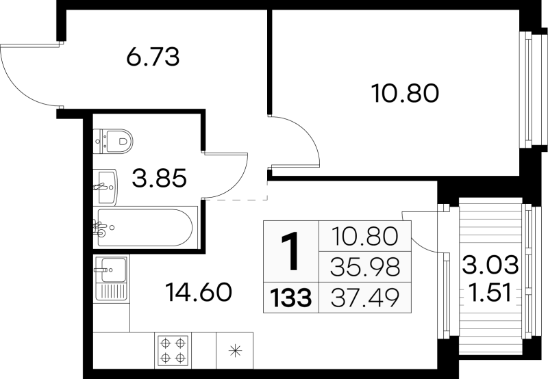 1-комнатная квартира, 37.5 м² в ЖК "Парголово" - планировка, фото №1
