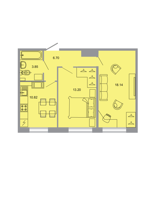 2-комнатная квартира, 52.4 м² - планировка, фото №1