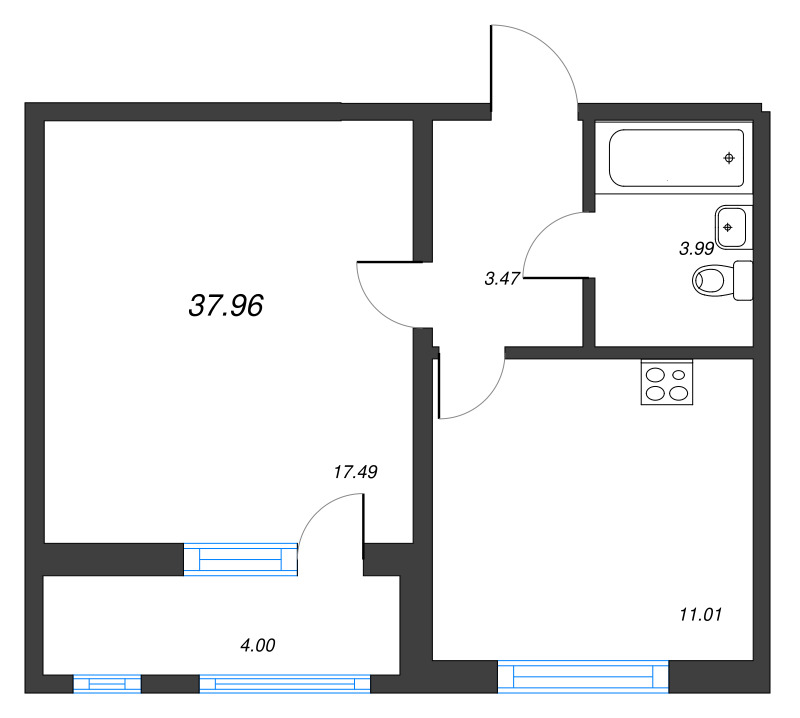 1-комнатная квартира, 37.8 м² - планировка, фото №1