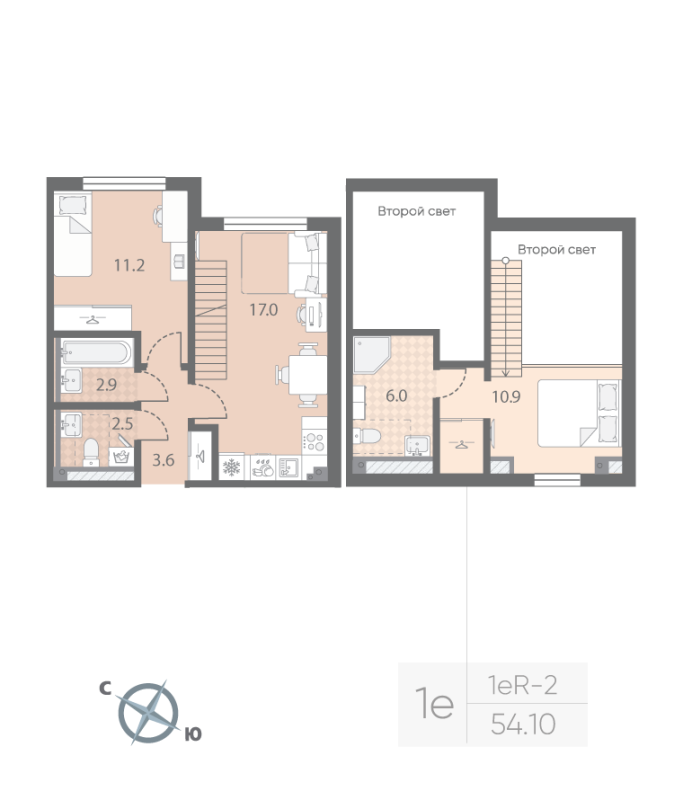 3-комнатная (Евро) квартира, 54.1 м² в ЖК "Пулково Лейк" - планировка, фото №1