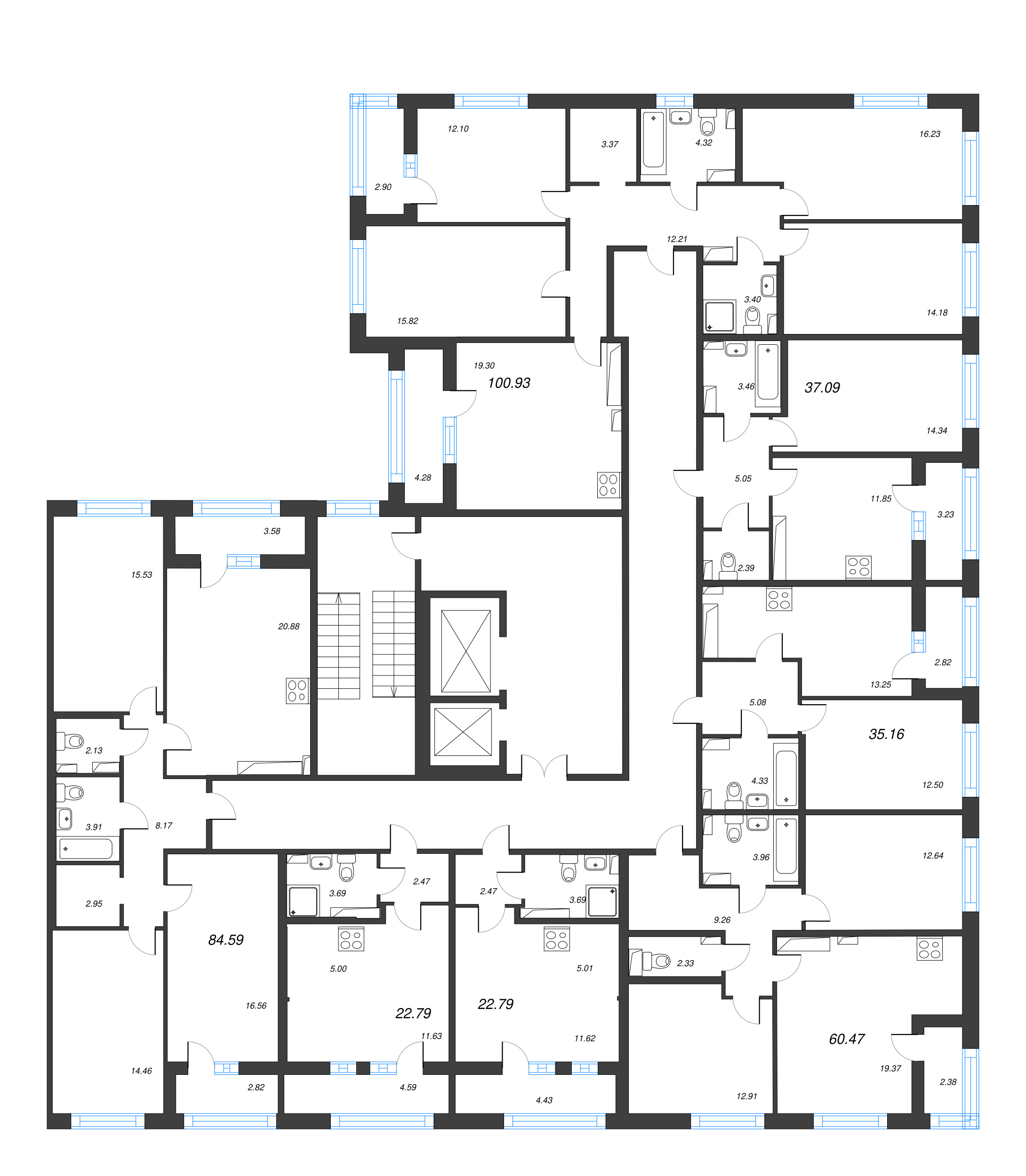 5-комнатная (Евро) квартира, 100.93 м² в ЖК "Б15" - планировка этажа
