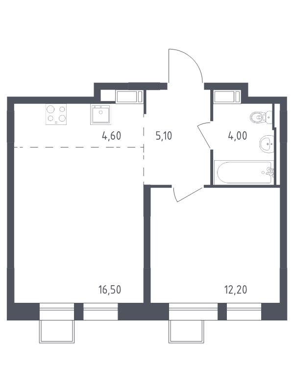 2-комнатная (Евро) квартира, 42.4 м² в ЖК "Курортный Квартал" - планировка, фото №1