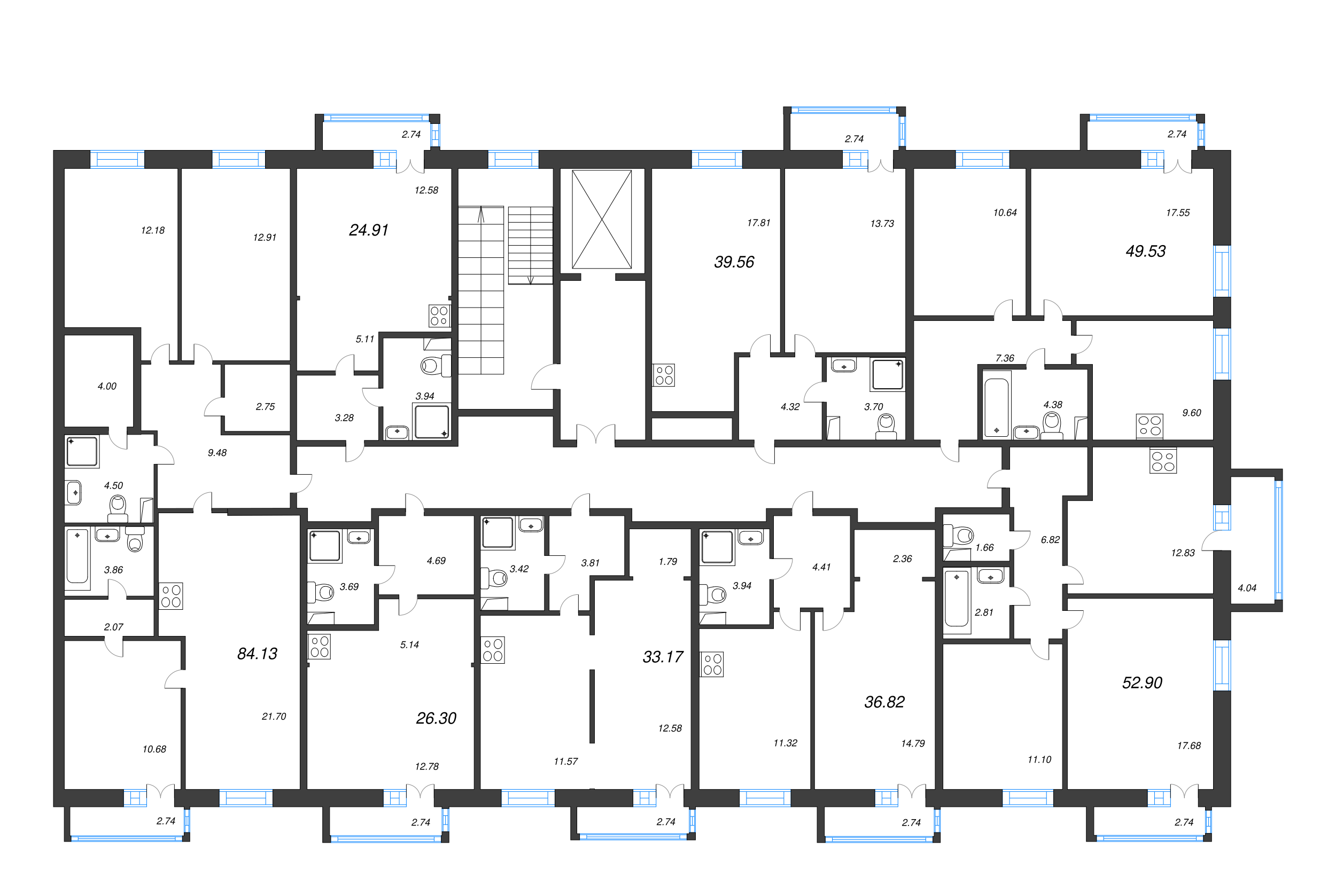 2-комнатная (Евро) квартира, 40.38 м² - планировка этажа