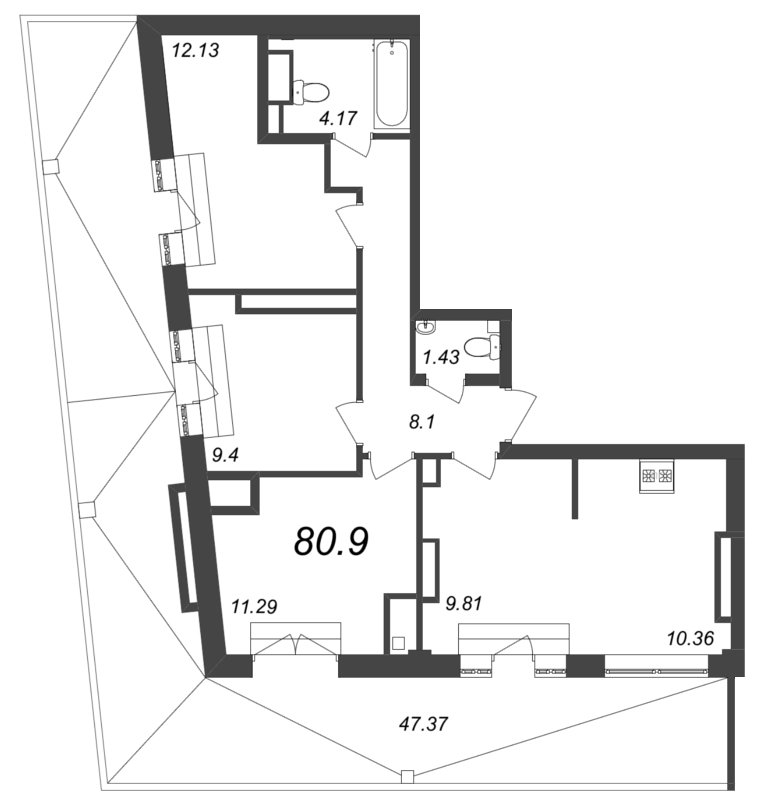 4-комнатная квартира, 80.9 м² в ЖК "Neva Residence" - планировка, фото №1
