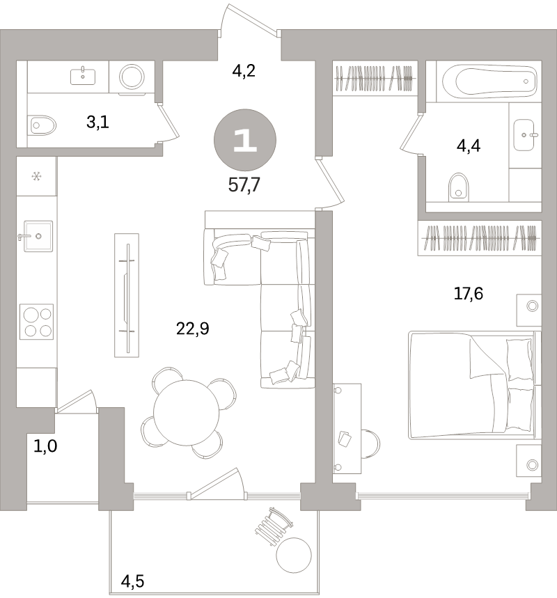 2-комнатная (Евро) квартира, 57.7 м² в ЖК "Северный ветер" - планировка, фото №1