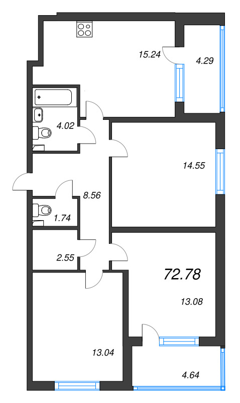 4-комнатная (Евро) квартира, 72.78 м² в ЖК "Любоград" - планировка, фото №1