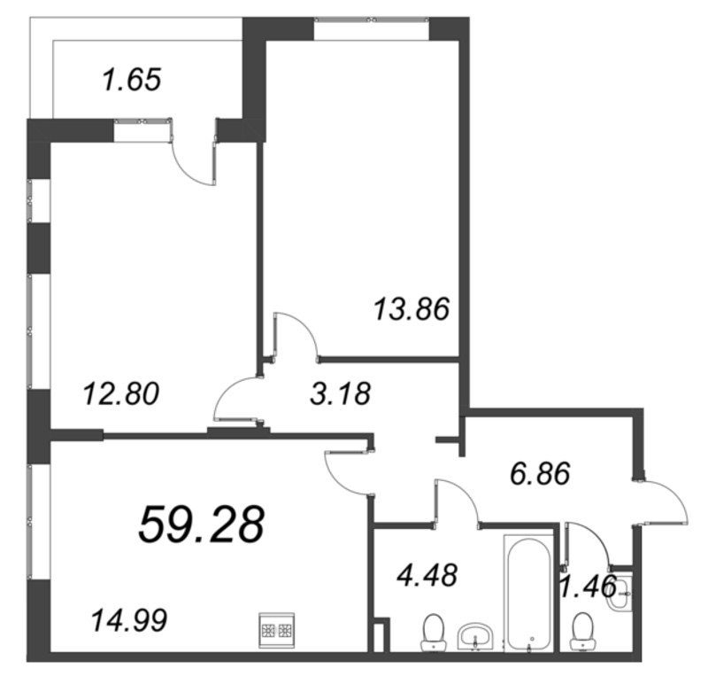 3-комнатная (Евро) квартира, 59.28 м² в ЖК "VEREN NORT сертолово" - планировка, фото №1