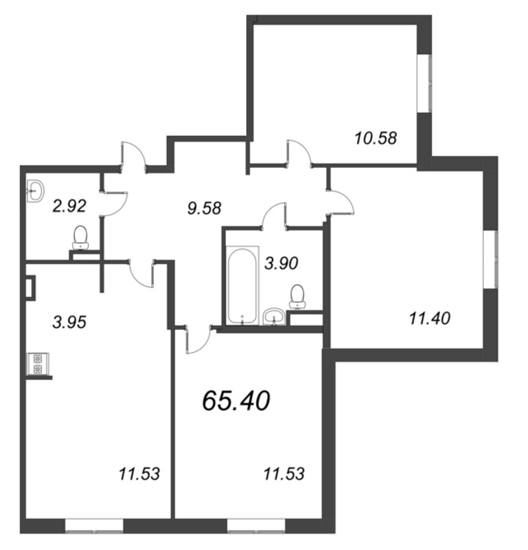 4-комнатная (Евро) квартира, 65.4 м² - планировка, фото №1