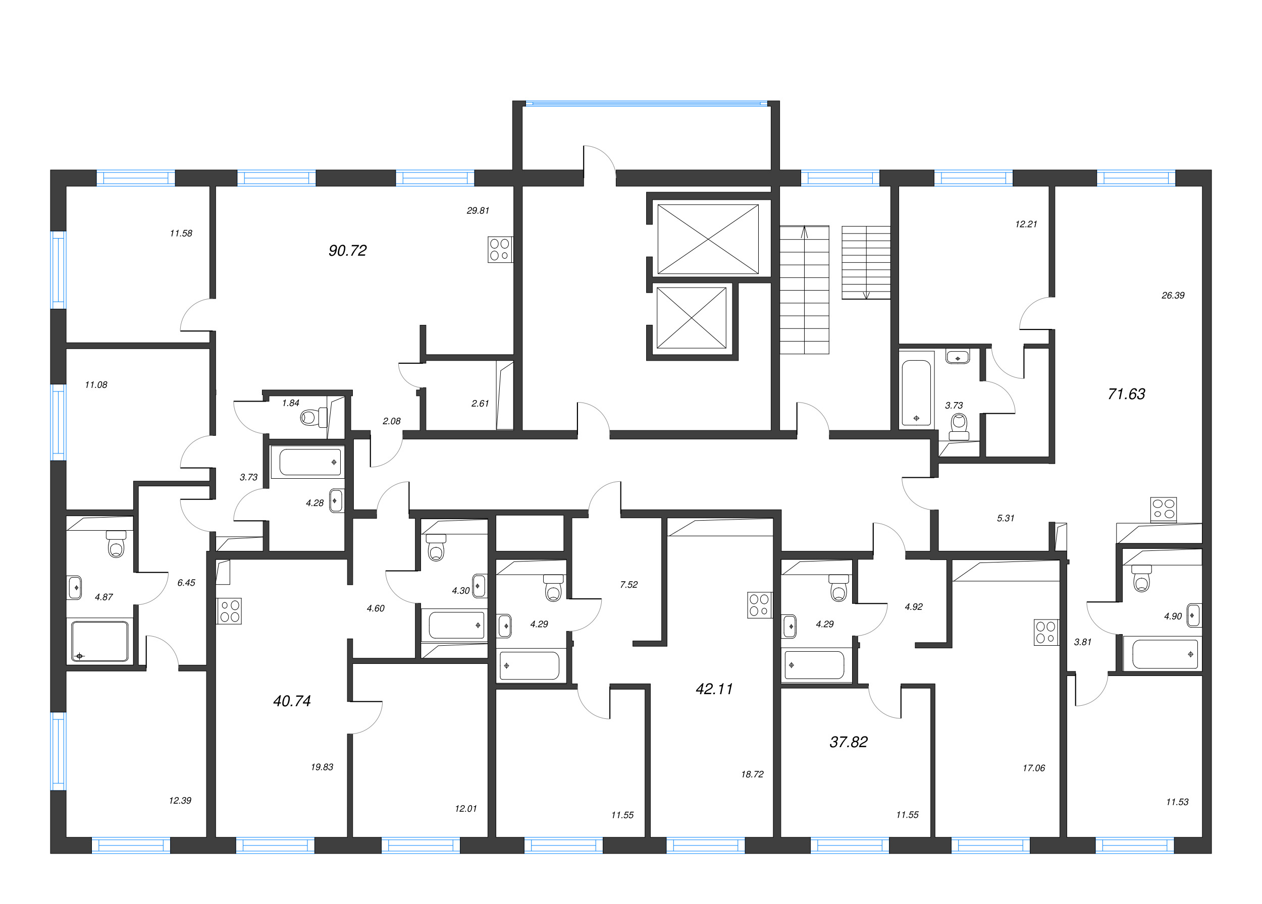 4-комнатная (Евро) квартира, 90.72 м² в ЖК "Legenda Васильевского" - планировка этажа