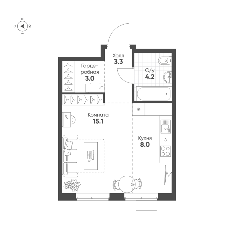 Квартира-студия, 33.6 м² в ЖК "Ягодное Река Парк" - планировка, фото №1