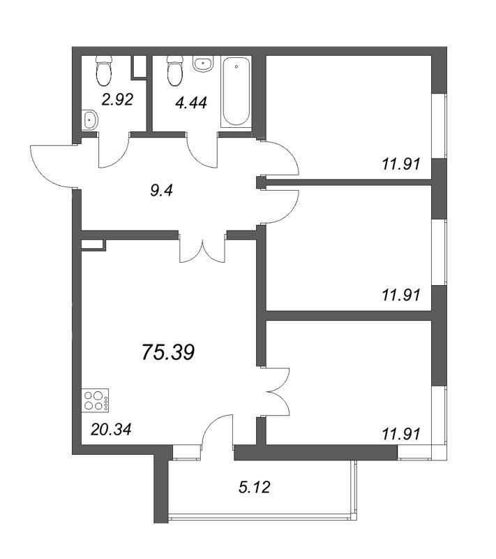 4-комнатная (Евро) квартира, 75.39 м² в ЖК "Новая история" - планировка, фото №1