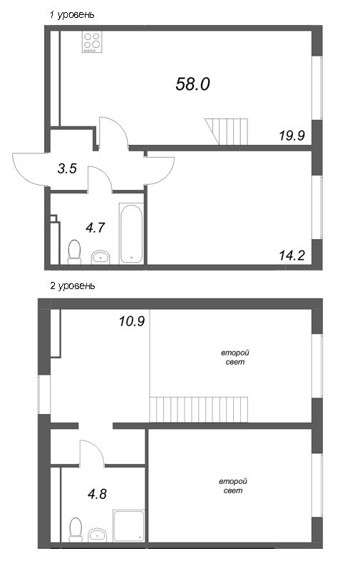 3-комнатная (Евро) квартира, 58 м² в ЖК "Пулково Лейк" - планировка, фото №1