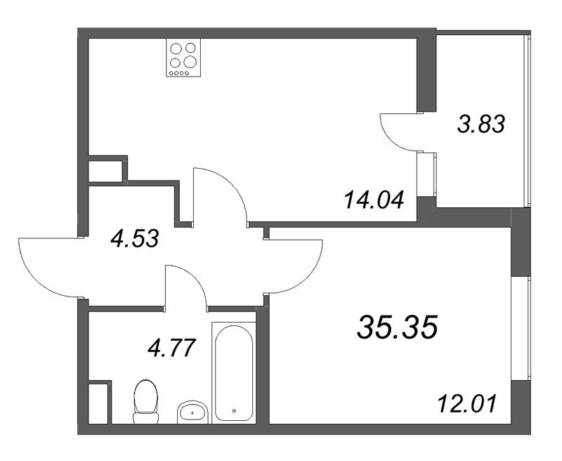 1-комнатная квартира, 35.35 м² - планировка, фото №1