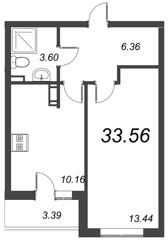 1-комнатная квартира, 33.56 м² в ЖК "Чёрная речка от Ильича" - планировка, фото №1